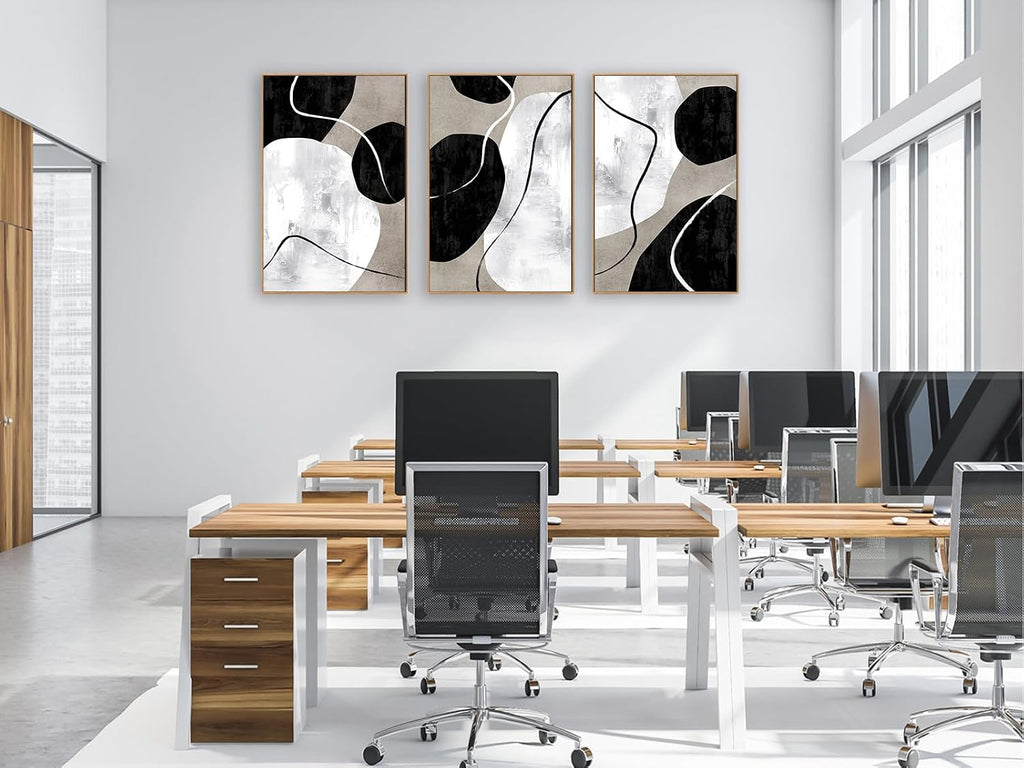 Minimalist Abstract Boho Wall Art - Natural Framed Abstract Canvas Picture Stone Painting Rock Line Artwork Modern Geometric Canvas Prints for Home Wall Decor 24' x 36' * 3 Tan Grey White Black
