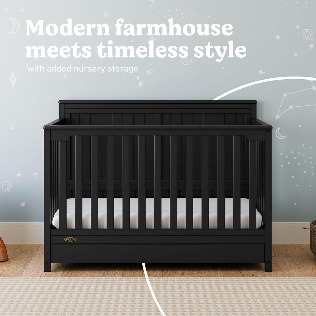 Graco Hadley 5-in-1 Convertible Crib with Drawer – GREENGUARD Gold Certified, Fits Standard Crib Mattress, Converts to Toddler Bed, Daybed and Full Bed, 4 Adjustable Mattress Heights (Black)