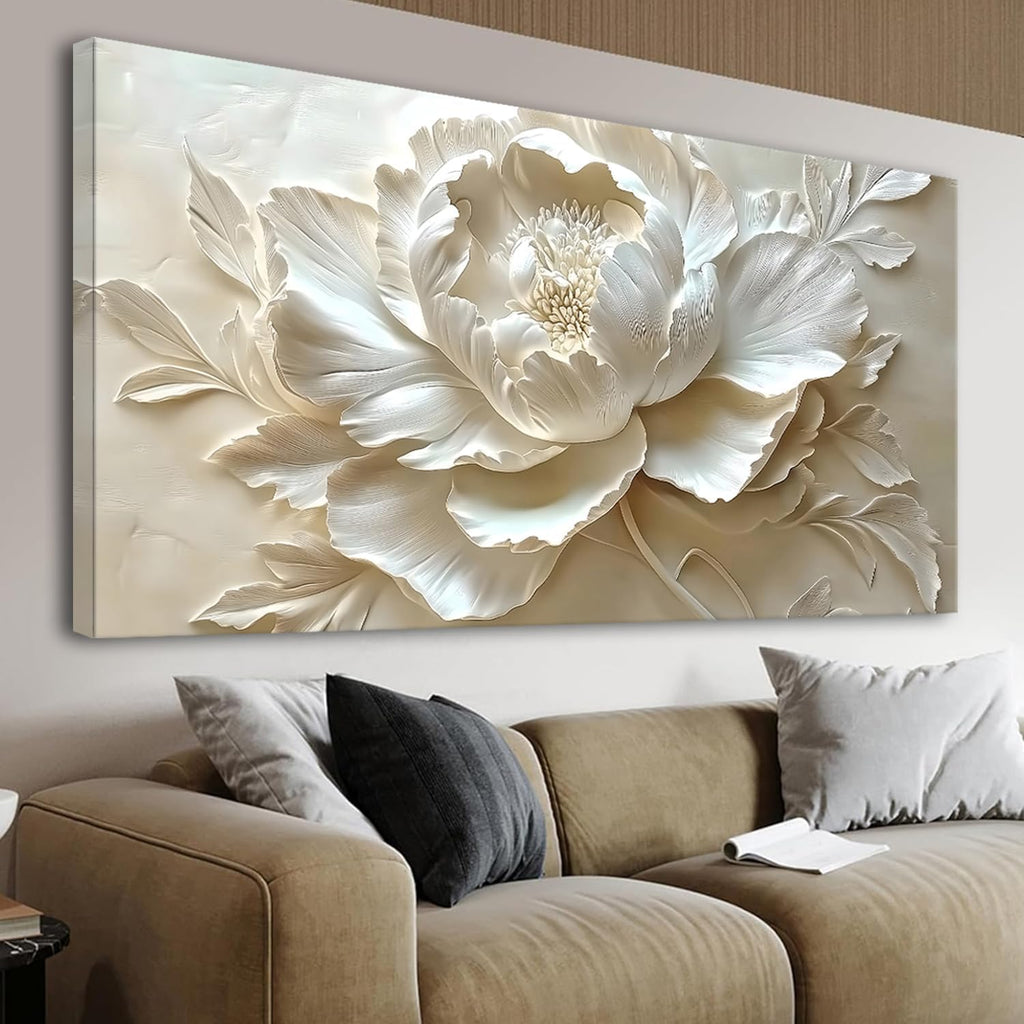 MooMel Large Framed Abstract White Flower Wall Art, Modern Canvas Wall Decor for Living Room Bedroom Dining Room Home Office, 29x58 Inch.
