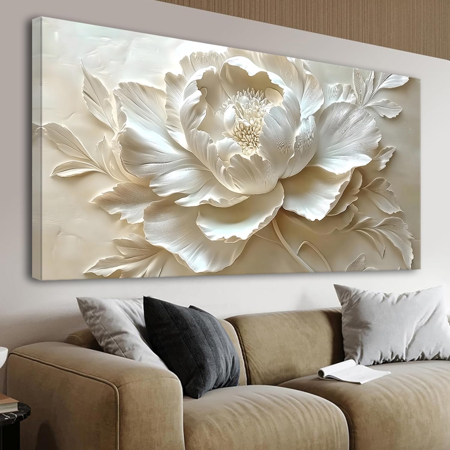 MooMel Large Framed Abstract White Flower Wall Art, Modern Canvas Wall Decor for Living Room Bedroom Dining Room Home Office, 29x58 Inch.