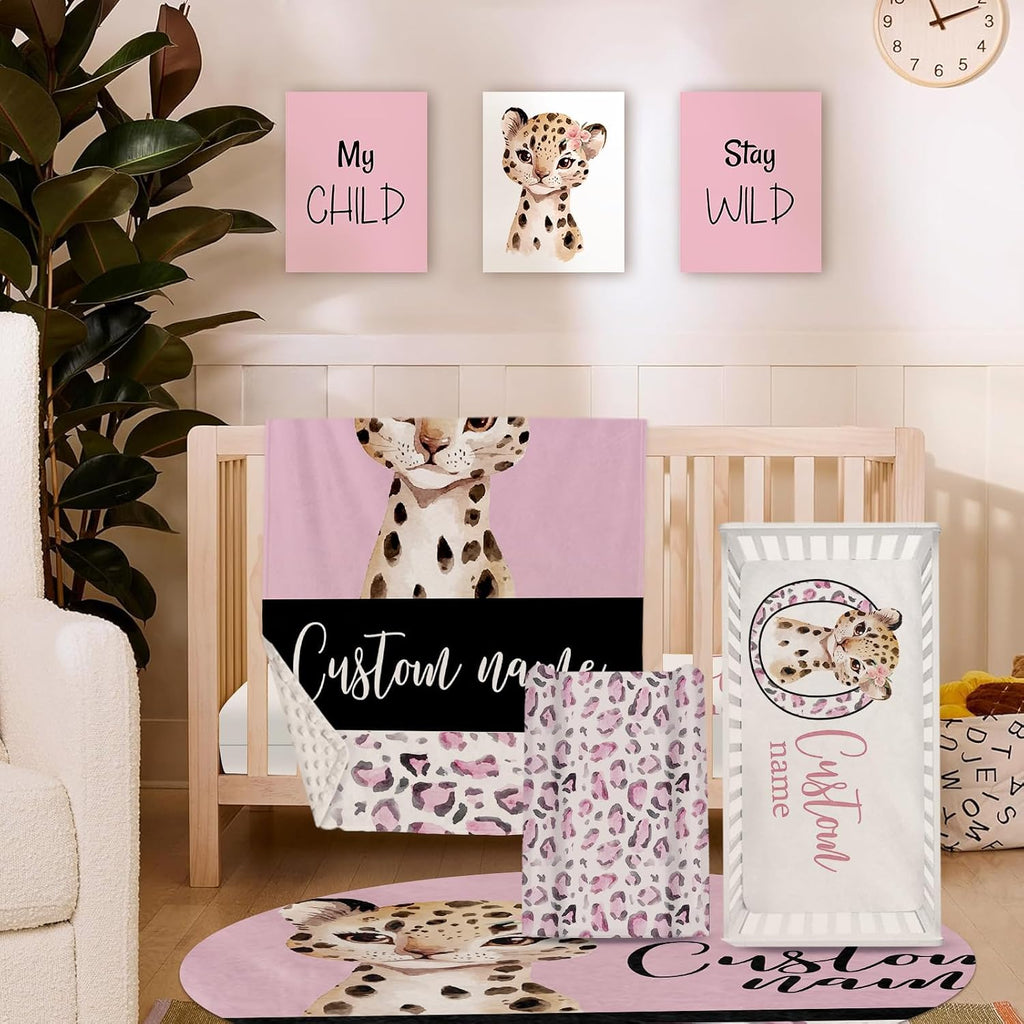 TOOTANN Custom Baby Crib Bedding Set, 5 Pcs Personalized Name Baby Crib Sheets for Kid Toddler Infant, Pink Background Leopards Nursery Bedding Set
