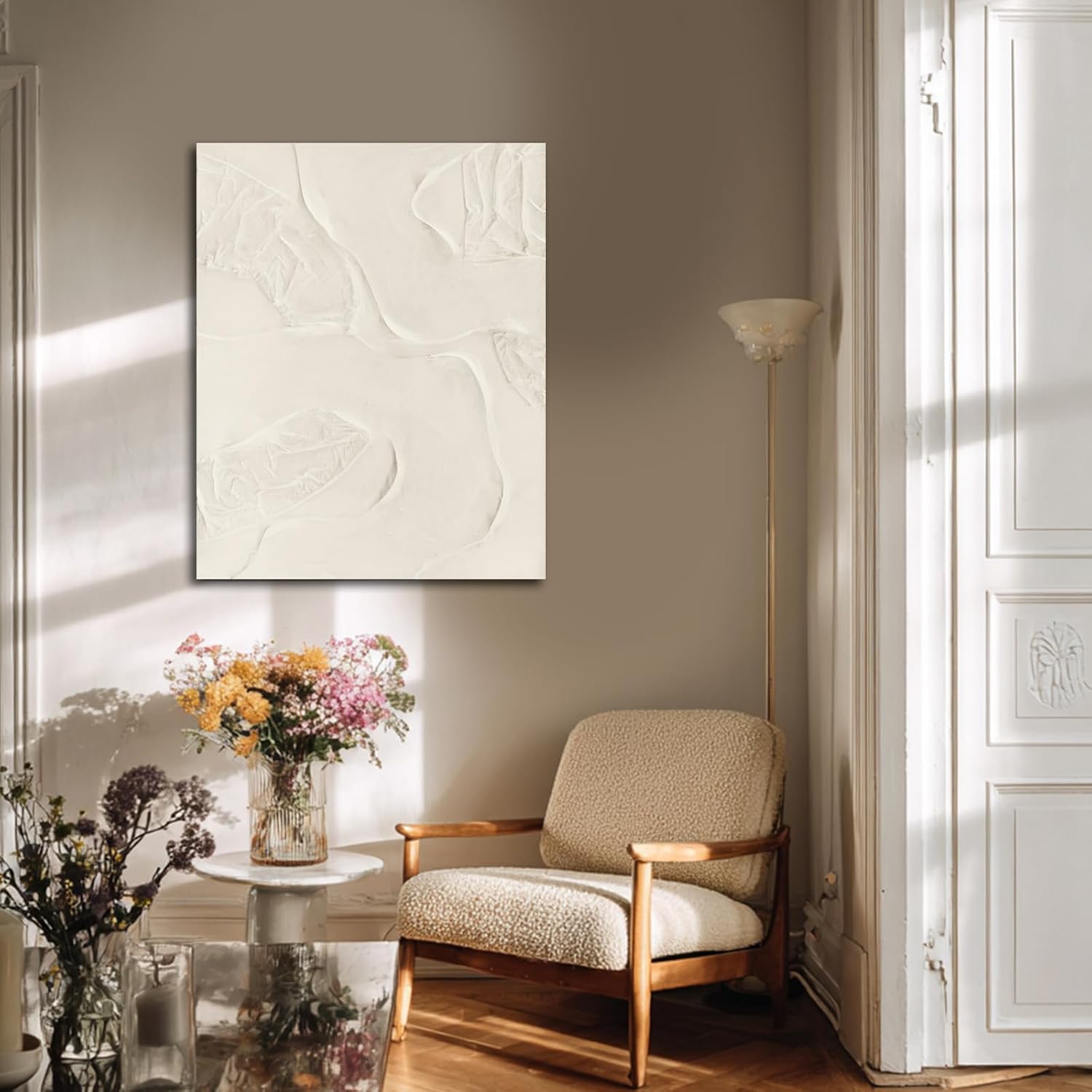 CHUDANHAO Abstract Hand Painted Wall Art Beige Wall Decor Line Hanging Art 32'x40' Large Artwork for Living Room Office Decorations