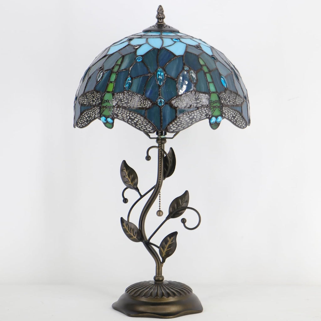 Tiffany Table Lamp Stained Glass Desk Lamp Metal Leaf Base Reading Light 12X19 Inch (Sea Blue Dragonfly)