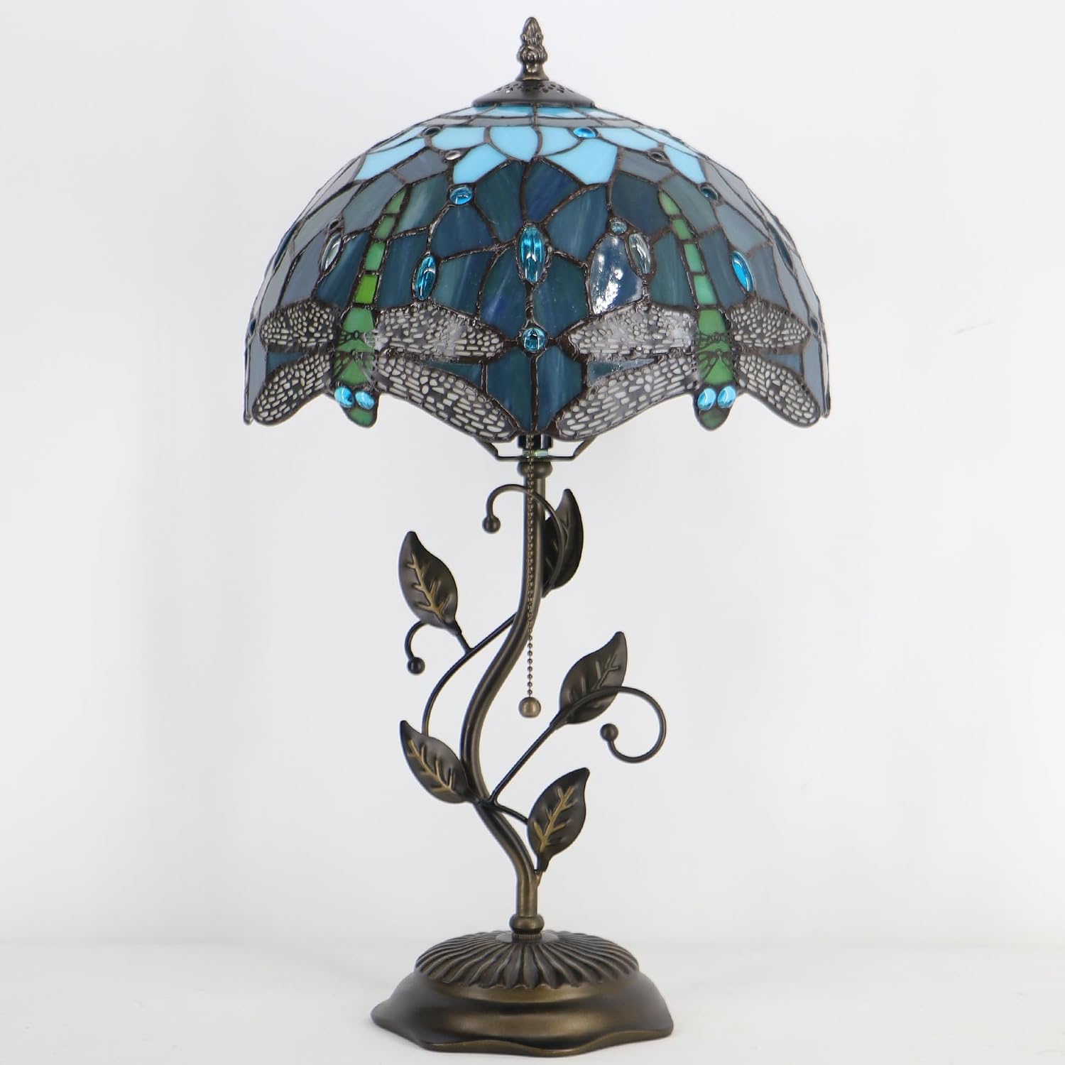 Tiffany Table Lamp Stained Glass Desk Lamp Metal Leaf Base Reading Light 12X19 Inch (Sea Blue Dragonfly)