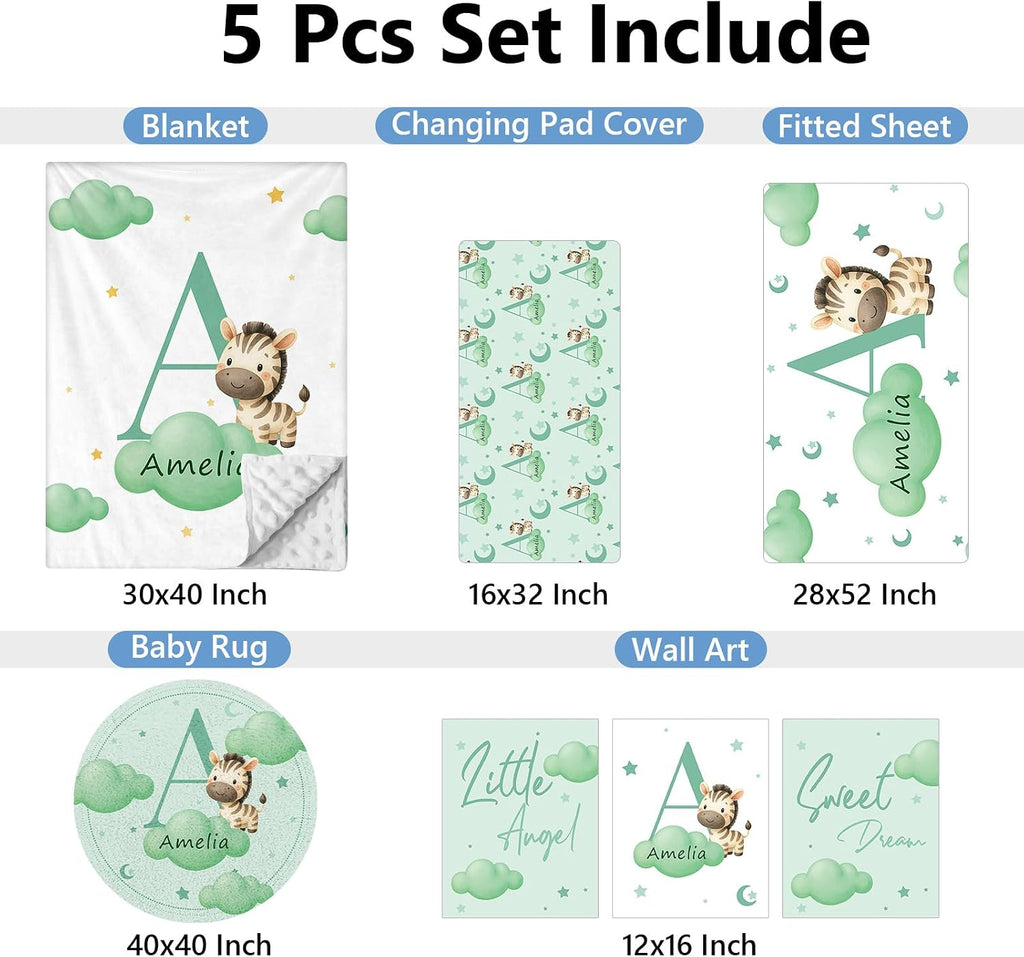 KAINSY Custom Crib Bedding Set, 5 Pcs Personalized Name Monogram Baby Crib Sets for Infants Toddlers, Pink Zebra Nursery Bedding Set for Boys Girls, Double Layer Baby Bedding Sets Customized Gifts