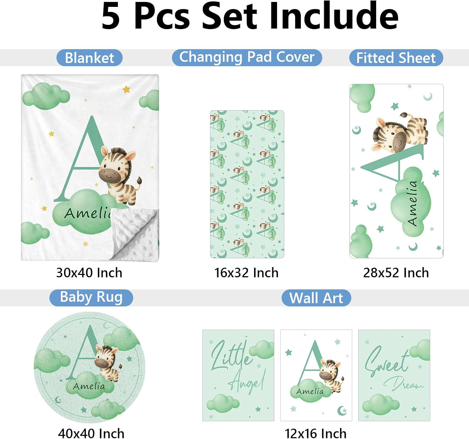 KAINSY Custom Crib Bedding Set, 5 Pcs Personalized Name Monogram Baby Crib Sets for Infants Toddlers, Pink Zebra Nursery Bedding Set for Boys Girls, Double Layer Baby Bedding Sets Customized Gifts