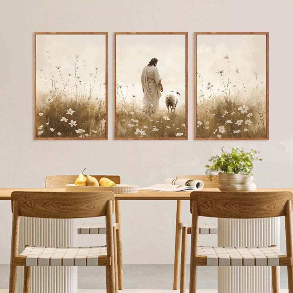 KAIRNE Jesus Wall Art Set of 3(24'X36'),Lost Sheep Wall Decor,Religious Scripture Art Print,Christian Bible Wall Paintings,White Floral Pictures for Church Bedroom Living Room Office Decoration,Framed
