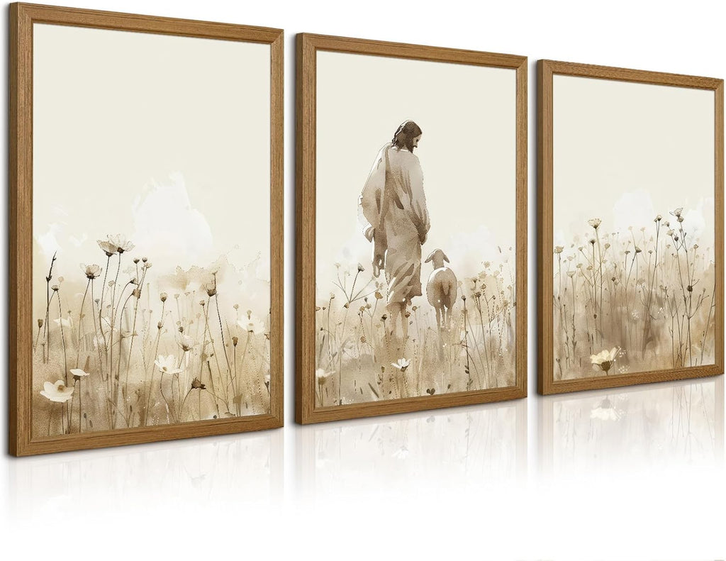 Jesus Leaves the 99 Sheep Wall Art Christian Canvas Poster Jesus and Lamb Wall Decor Religious Pictures Lost Sheep Painting God Christ Painting Artwork for Bedroom Living Room 24x36x3 Inch Wood Framed
