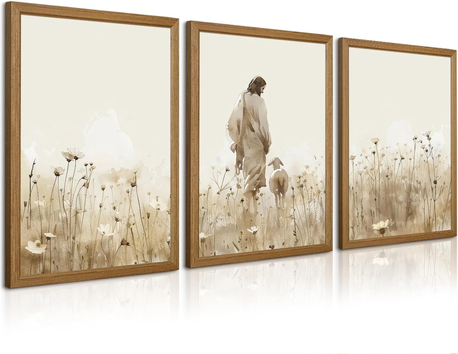 Jesus Leaves the 99 Sheep Wall Art Christian Canvas Poster Jesus and Lamb Wall Decor Religious Pictures Lost Sheep Painting God Christ Painting Artwork for Bedroom Living Room 24x36x3 Inch Wood Framed