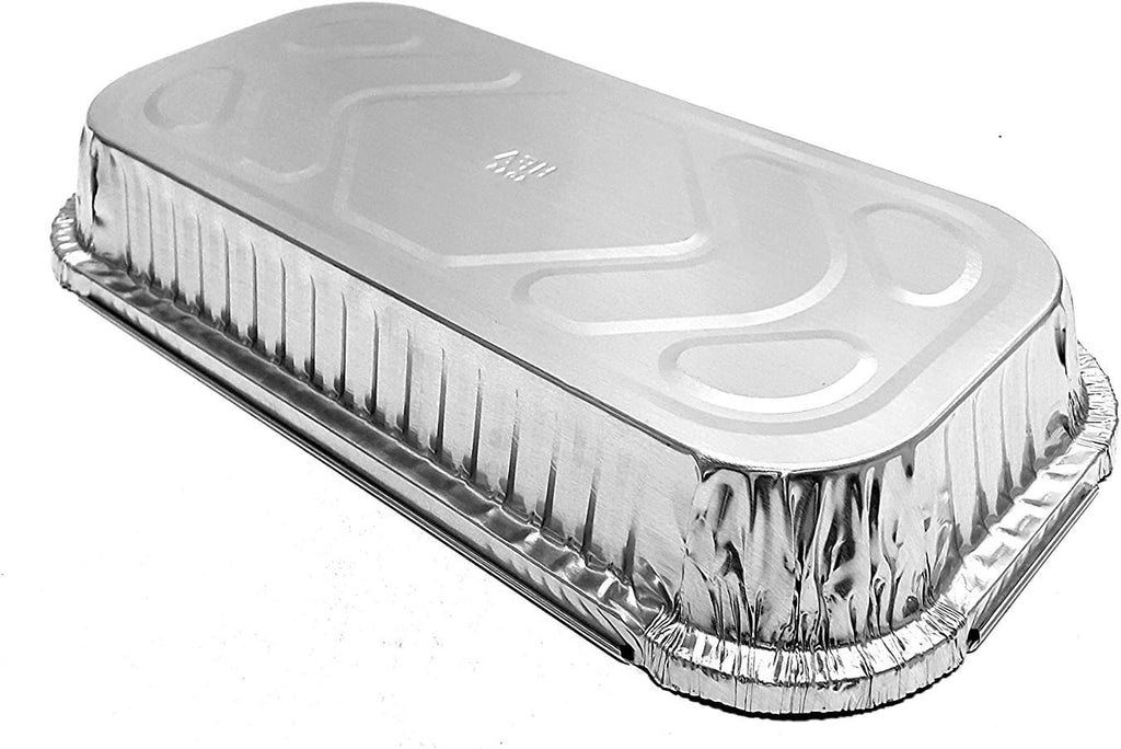 PACTOGO 3 lb. Oblong Aluminum Foil Entrée Take-Out Pan with Board Lid Disposable Containers 12.37' x 6.57' x 1.43' (Pack of 250 Sets)