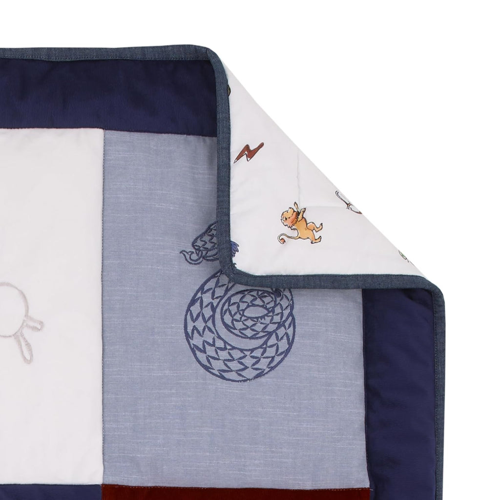 Warner Brothers Harry Potter Welcome Little Wizard Navy, Burgundy, Denim Blue and White, Appliqued 3 Piece Crib Bedding Set - Comforter, Fitted Crib Sheet, and Crib Skirt