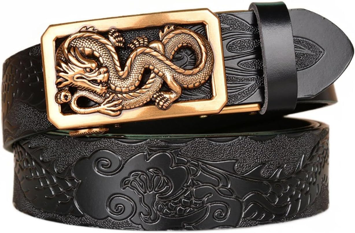 Mens Ratchet Leather Belt, Genuine Leather belts, Engraved Vintage Dragon Eagle Tiger Buckle, Business leisure belt