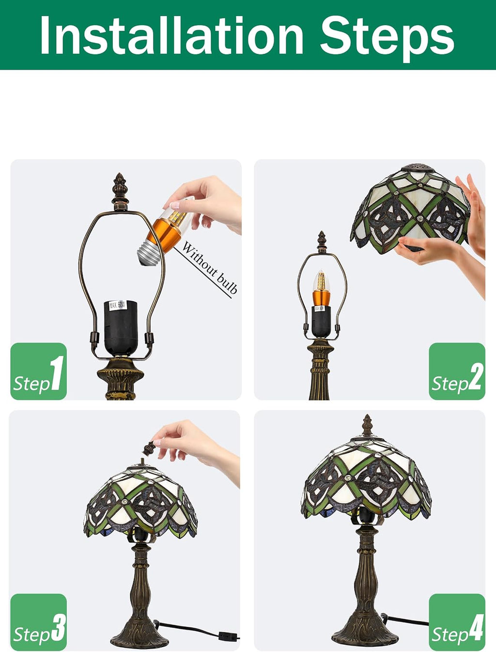KY&BOSAM Irish Celtic Tiffany Table Lamp Shamrock Style Stained Glass Desk Lamp Night Light 14 Inch Tall 8 Inch Wide Shade Beside Lamp 1 Bulb Antique Zinc Base for Home Bedroom St Patrick's Day Decor