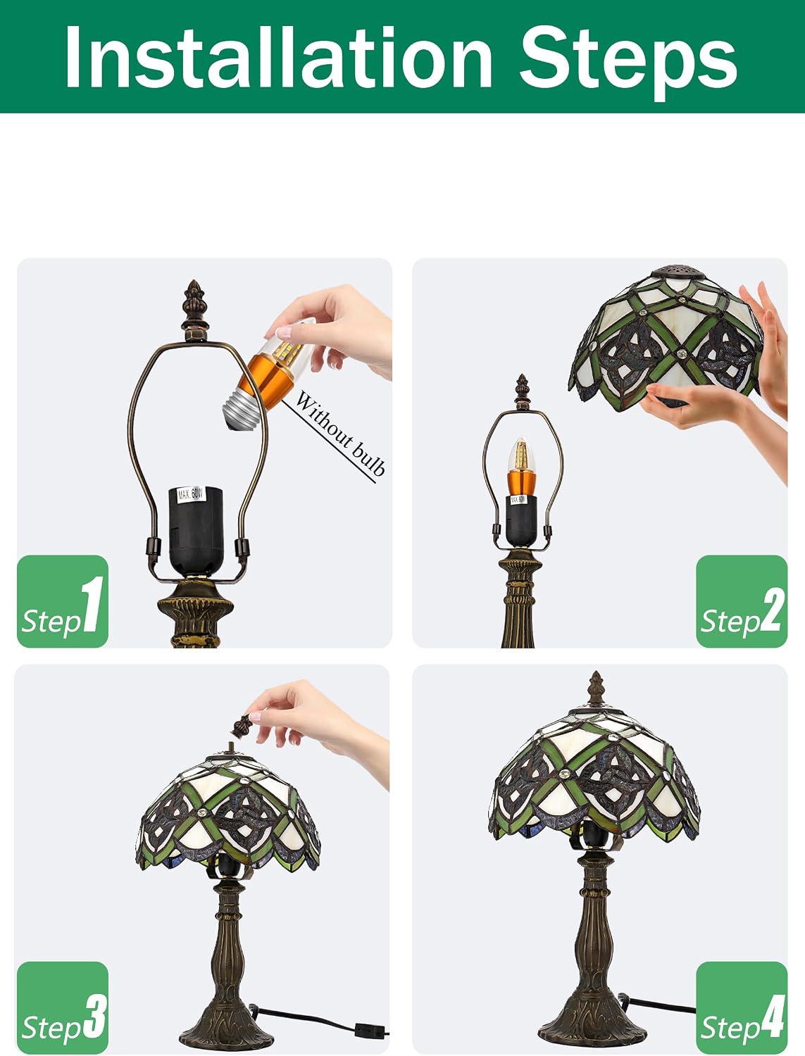 KY&BOSAM Irish Celtic Tiffany Table Lamp Shamrock Style Stained Glass Desk Lamp Night Light 14 Inch Tall 8 Inch Wide Shade Beside Lamp 1 Bulb Antique Zinc Base for Home Bedroom St Patrick's Day Decor