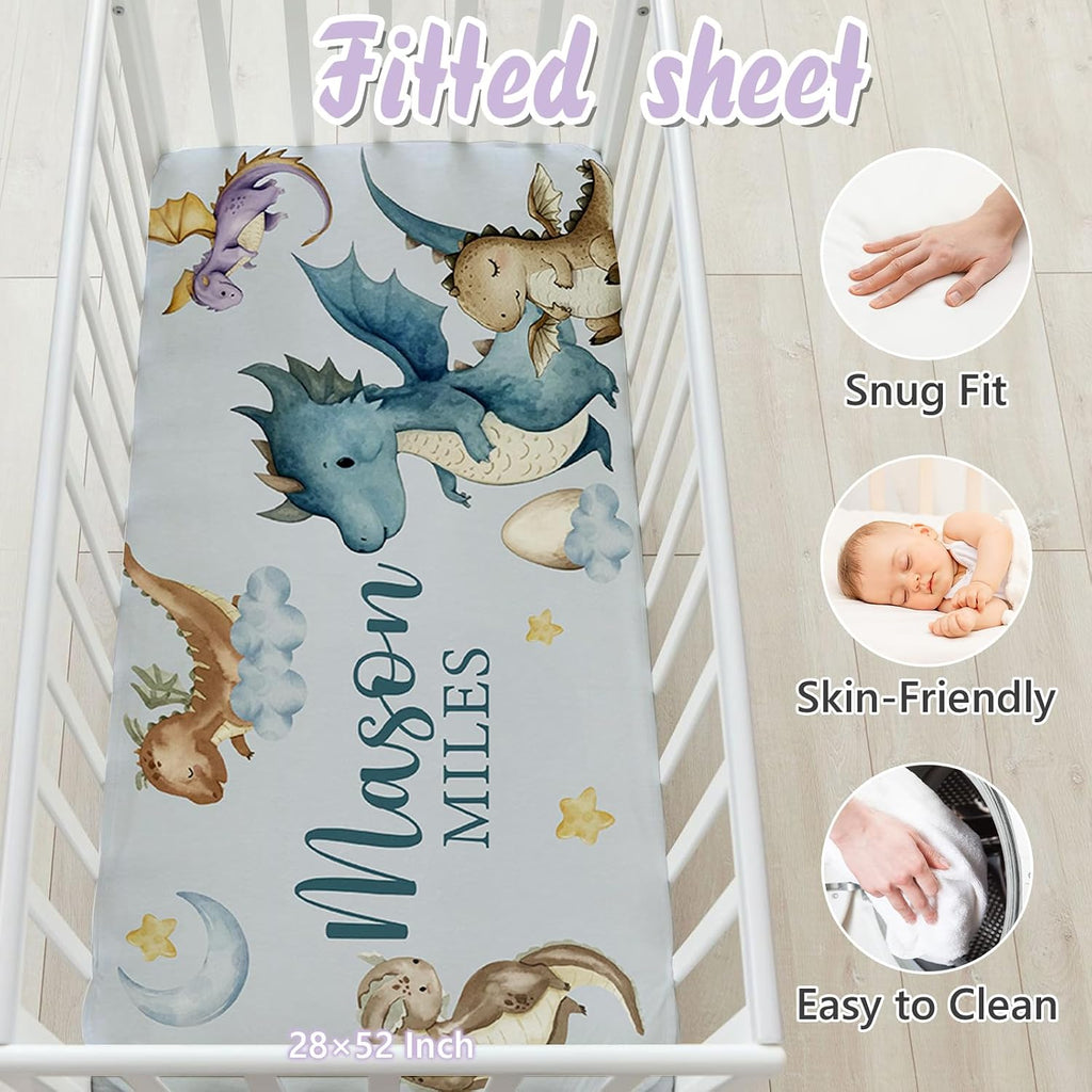 Personalized Baby Crib Bedding Set, 5 Pcs Custom Name Nursery Bedding Set for Girls Boys, Dinosaur Baby Crib Set for Toddlers Infants, Double Layer Bedding Crib Sets Customized Gifts