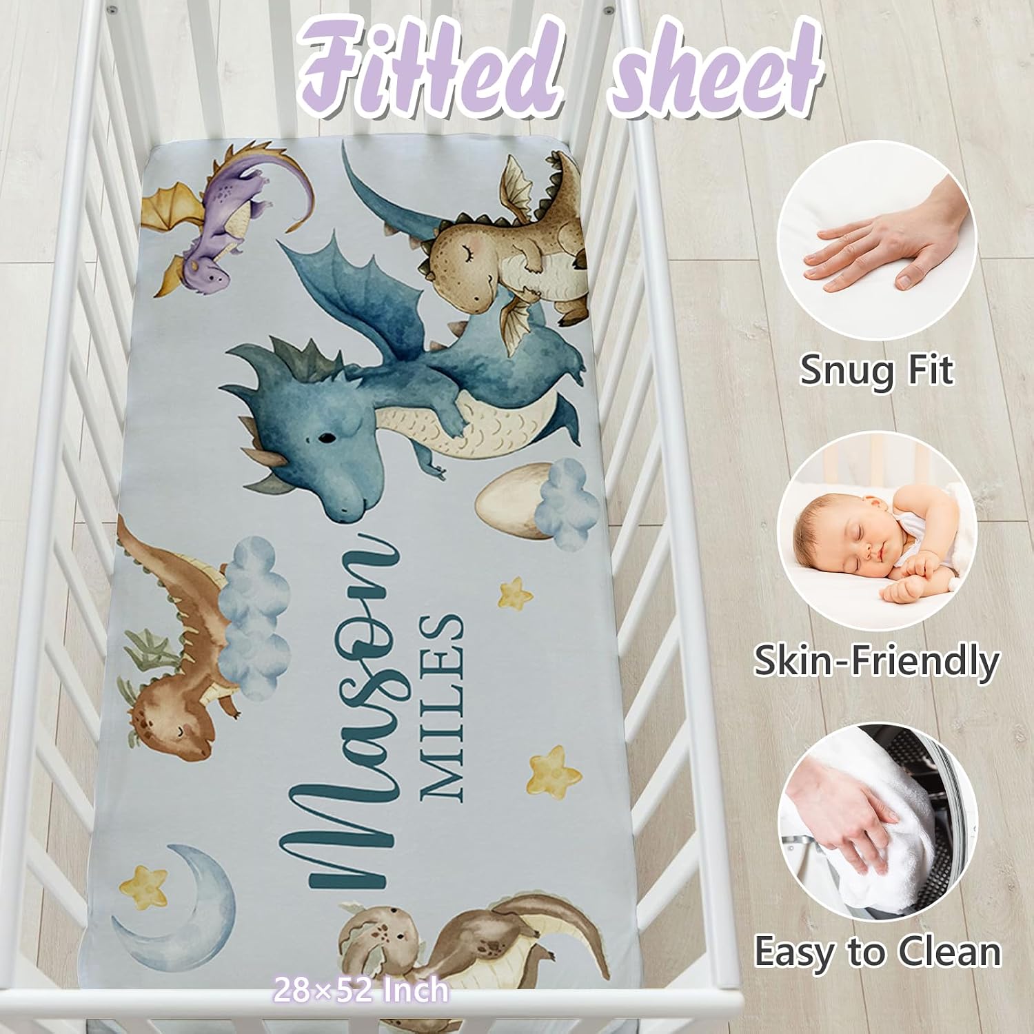 Personalized Baby Crib Bedding Set, 5 Pcs Custom Name Nursery Bedding Set for Girls Boys, Dinosaur Baby Crib Set for Toddlers Infants, Double Layer Bedding Crib Sets Customized Gifts