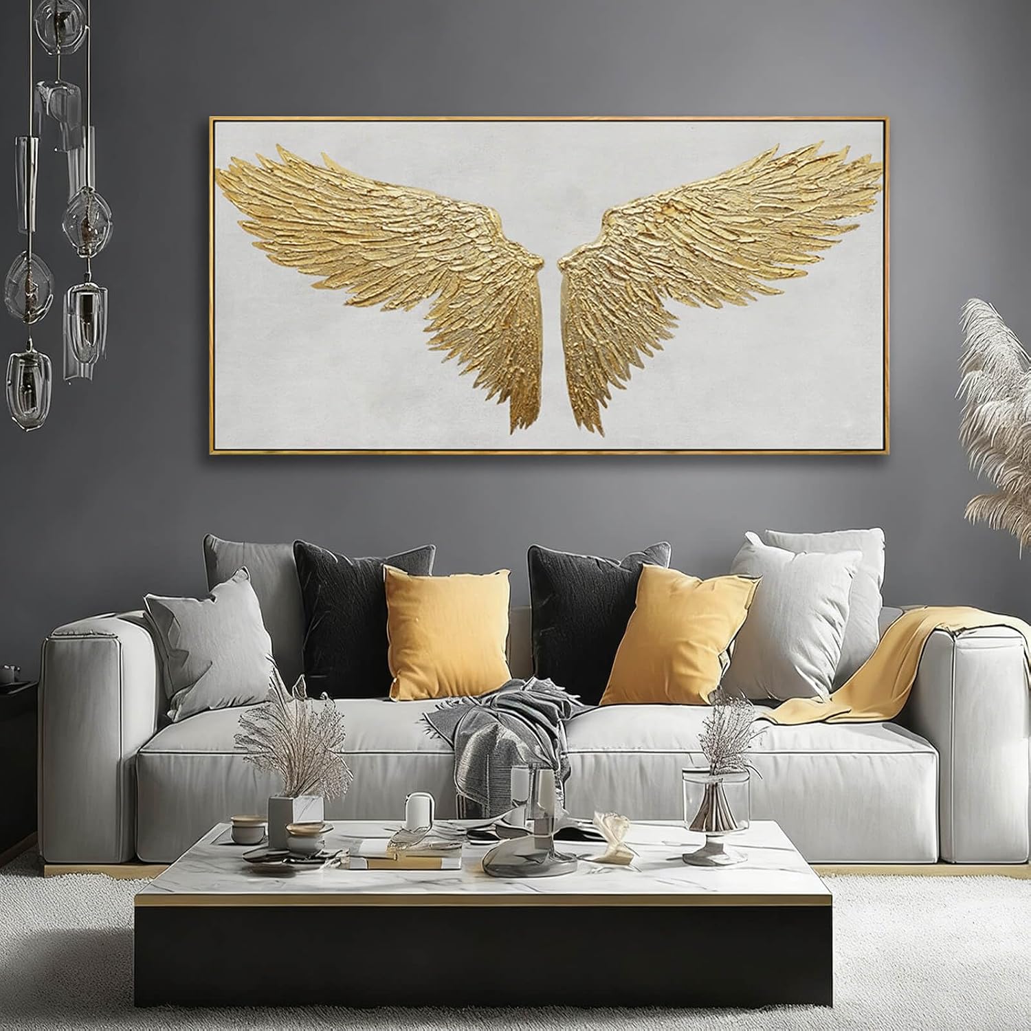 Abstract Wall Art Gold and White Pictures Wall Decor for Living Room Bird Minimalist Art Framed Canvas Artwork for Office Dining Room 24x48 Inch