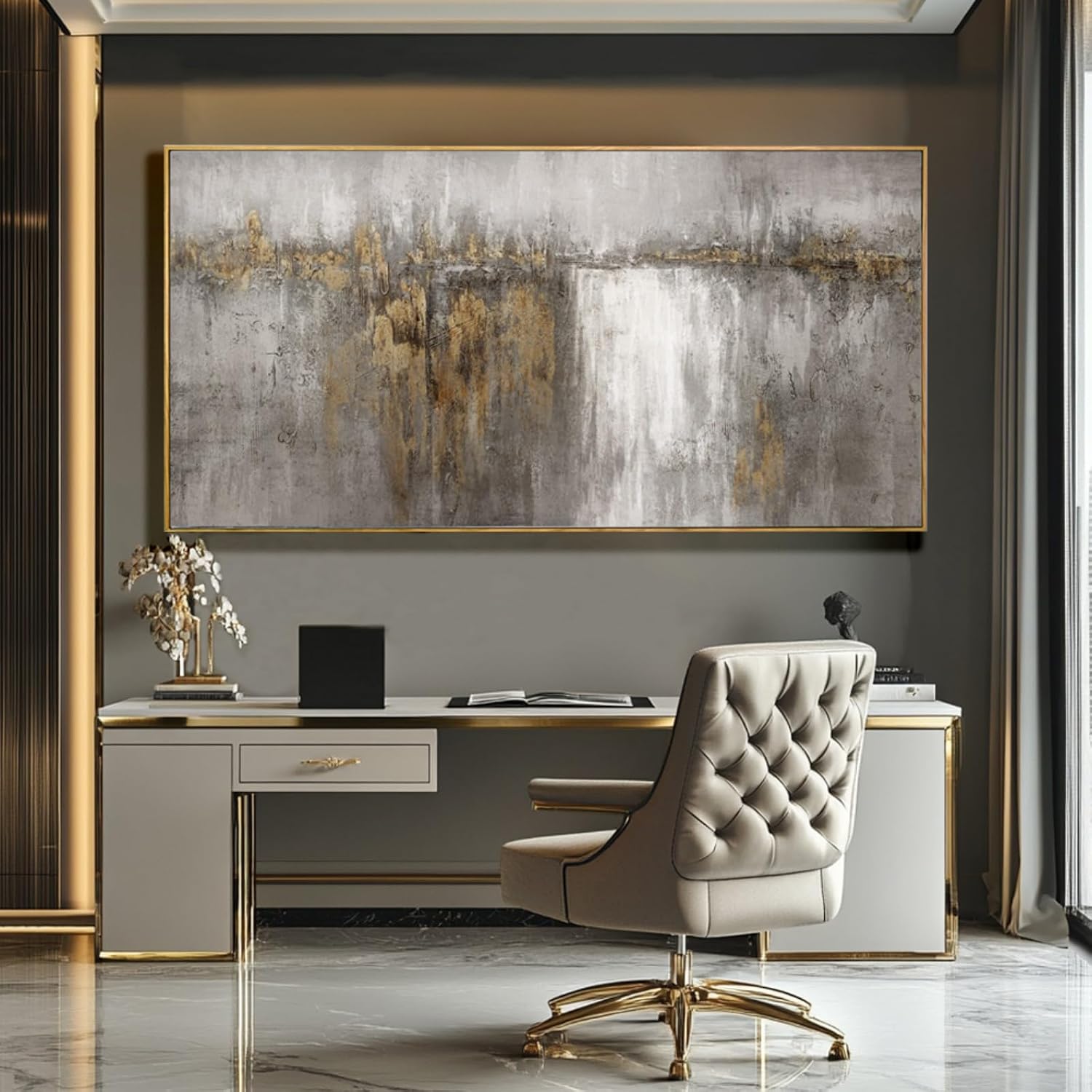 White and Gold Artwork for Walls Abstract Framed Poster Print 24'x48' Canvas Wall Art for Bedroom Neutral Artwork Decor for Office