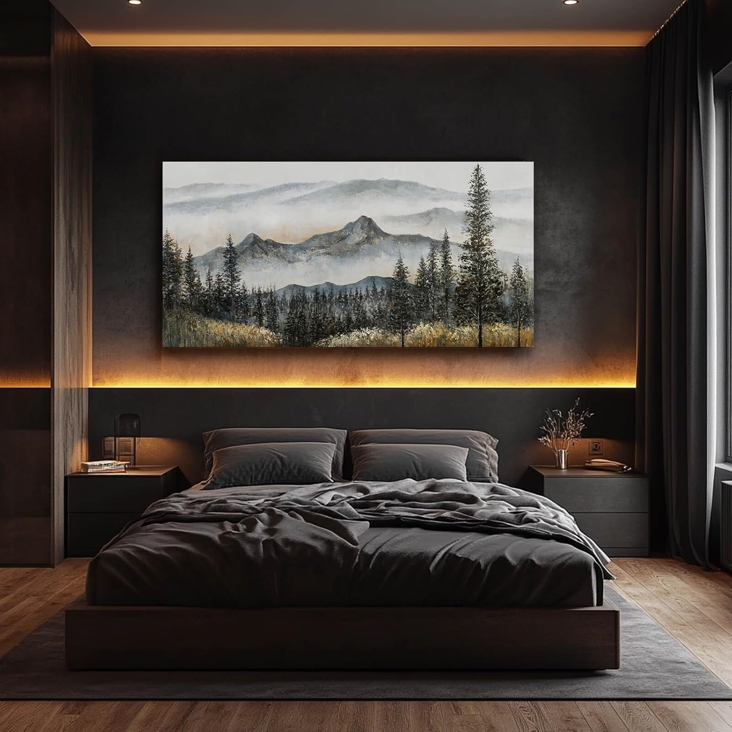 Foggy forest Wall Decor,Framed Canvas Wall Art, Large Artwork Green Mountain Pictures Boho Pine Tree Wall Painting Mountains Landscape Art for Home Living Room Office 29'x58'