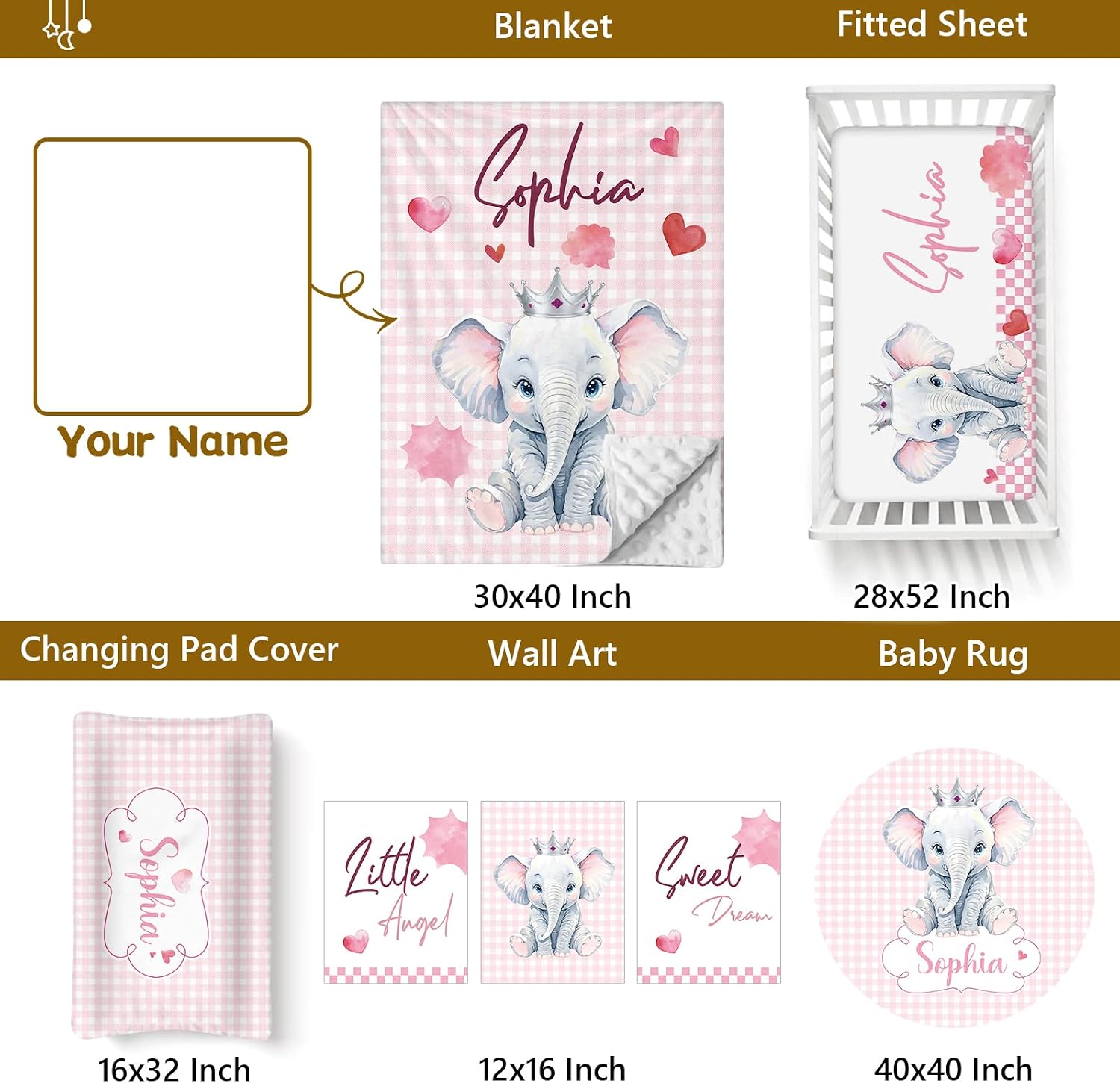 Terwex Personalized 5-Piece Baby Crib Bedding Set - Custom Name Nursery Set for Girls Boys, Soft Toddler Crib Set for Infant, Customized Gift, Pink Cute Elephant