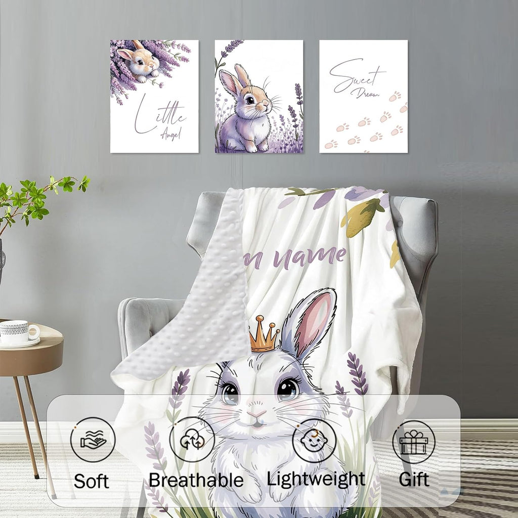 Personalized Crib Bedding Set for Baby Girls, Custom Name Baby Crib Sets 5-Pcs Include Toddler Double Layer Blanket Fitted Sheet Changing Pad Cover Rug Wall Art Set, Gray Rabbit Themes Nursery Décor