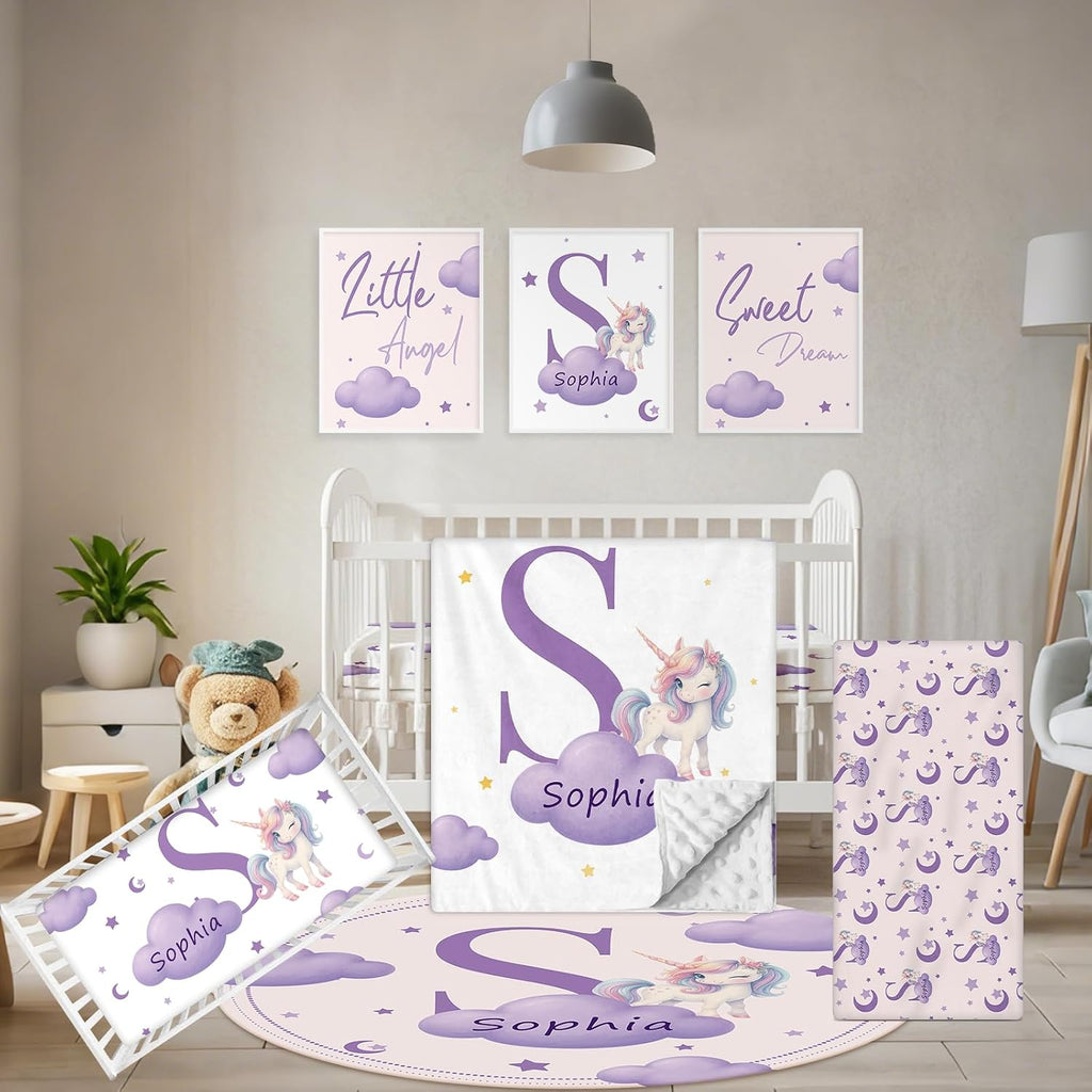 Terwex 5 Piece Customized Crib Bedding Set for Girls - Custom Name Baby Crib Purple Unicorn Nursery Bedding Set with Soft Blanket, Fitted Sheet, Rug, Personalized Gifts for Toddlers, Newborns, Infants