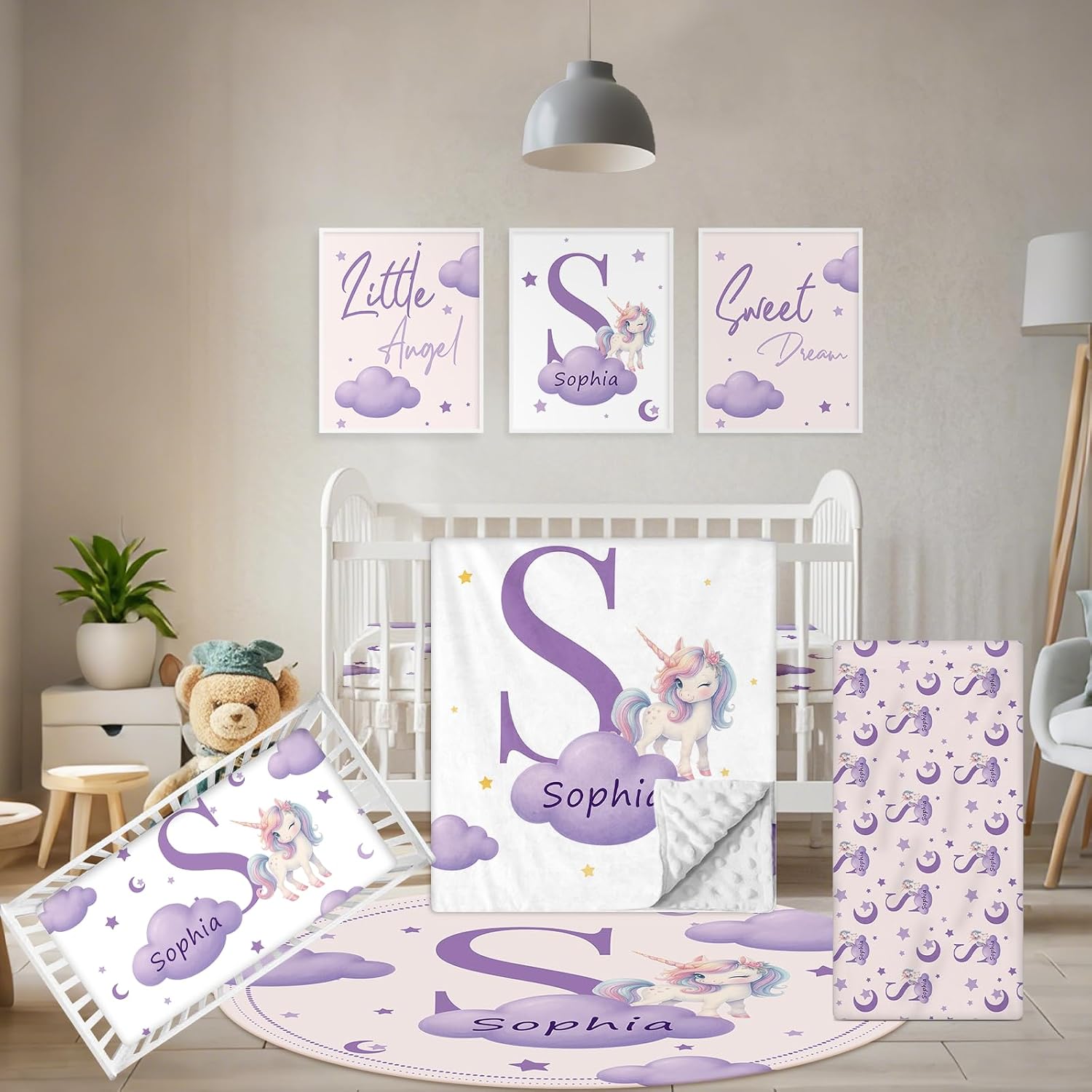 Terwex 5 Piece Customized Crib Bedding Set for Girls - Custom Name Baby Crib Purple Unicorn Nursery Bedding Set with Soft Blanket, Fitted Sheet, Rug, Personalized Gifts for Toddlers, Newborns, Infants