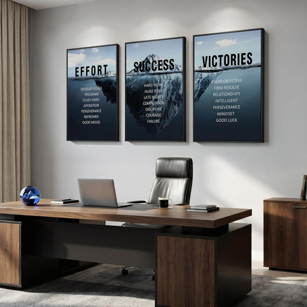 Large Framed Inspirational Wall Art for Office Decor, 3 Piece Modern Navy Blue Motivational Canvas Prints Artwork for Walls, Positive Quotes Pictures for Gym Home Office Library Wall Decor, 24x36 In