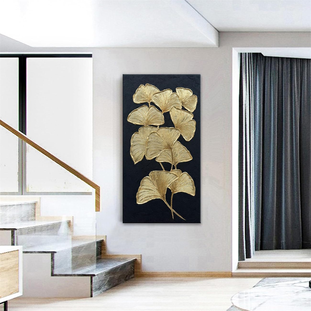 Slyart Large Gold Gingko Paintings Vertical Textured Wall Art, Gold and Black 3D Abstract Oil Painting on Canvas Wall Art Ready to Hang