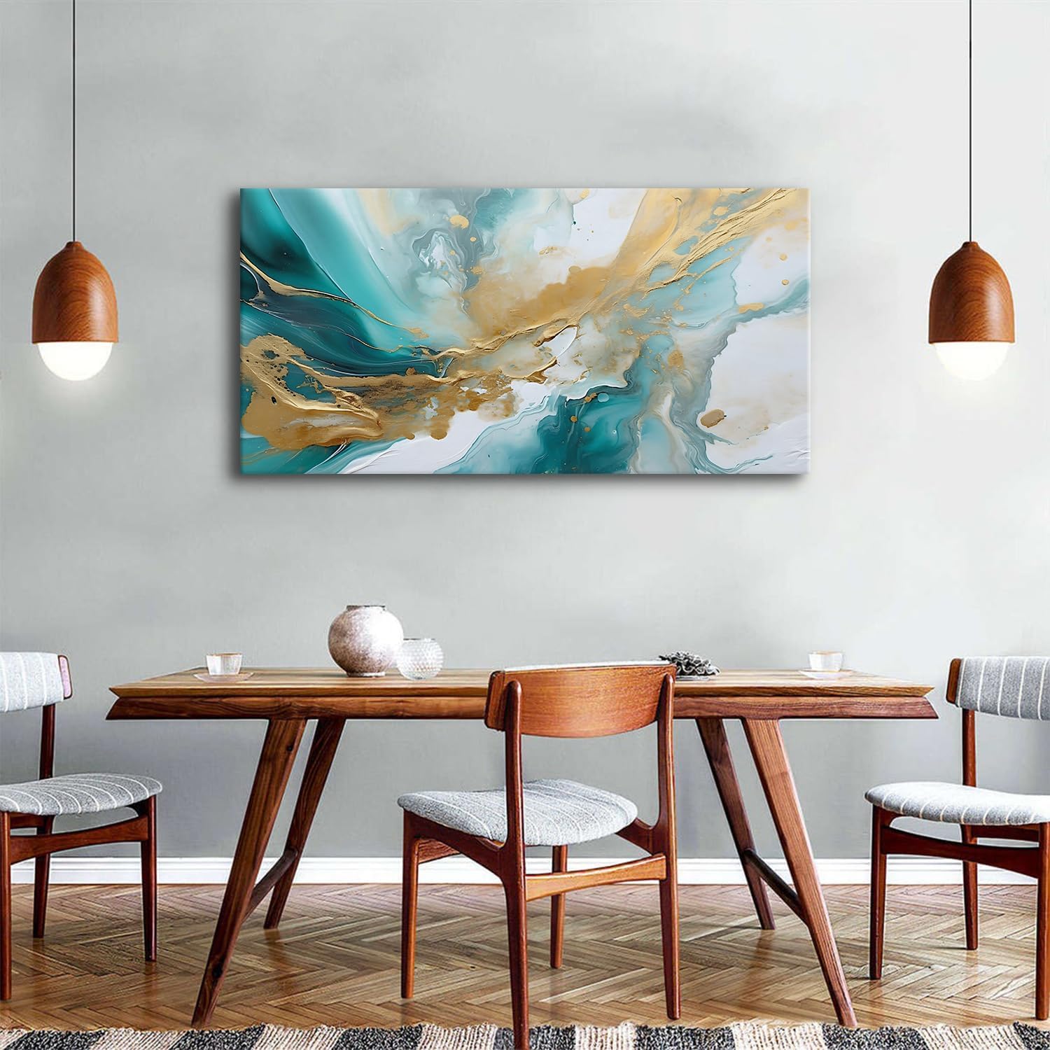 Extra Large Turquoise Wall Art Abstract Teal Wall Decor for Living Room Modern Marble Canvas Picture 30x60', Watercolor Gold Fluid Texture Ink Painting Prints Poster Artwork Bedroom Decorations