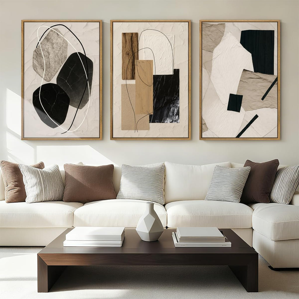 Large Abstract Paintings Framed Neutral Canvas Prints Mid Century Modern Wall Art Abstract Wall Decor Neutral Wall Pictures Elegant Modern Paintings for Living Room Bedroom Bathroom Office 36x24 Inch 3 Piece