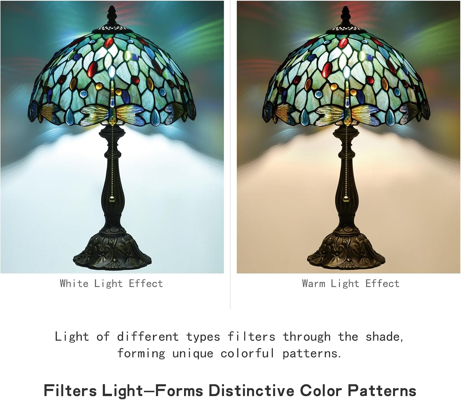 Tiffany Style Stained Glass Table Lamp 12-inch Dia Ocean Blue Dragonfly Design Lampshade Vintage Nightstand Light for Bedroom Dorm Living Hallway Cottage Office Cafe Ceremony Housewarming Gift