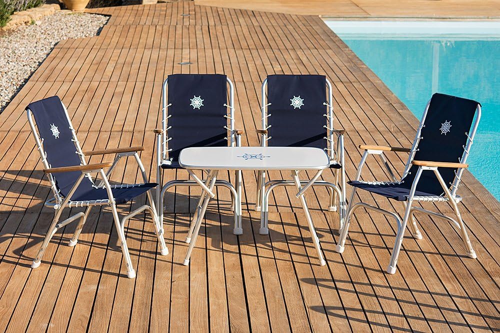 Boat Chairs High Back Navy Blue Deck Folding Marine Aluminum Teak Furniture Set of 2 M150NB