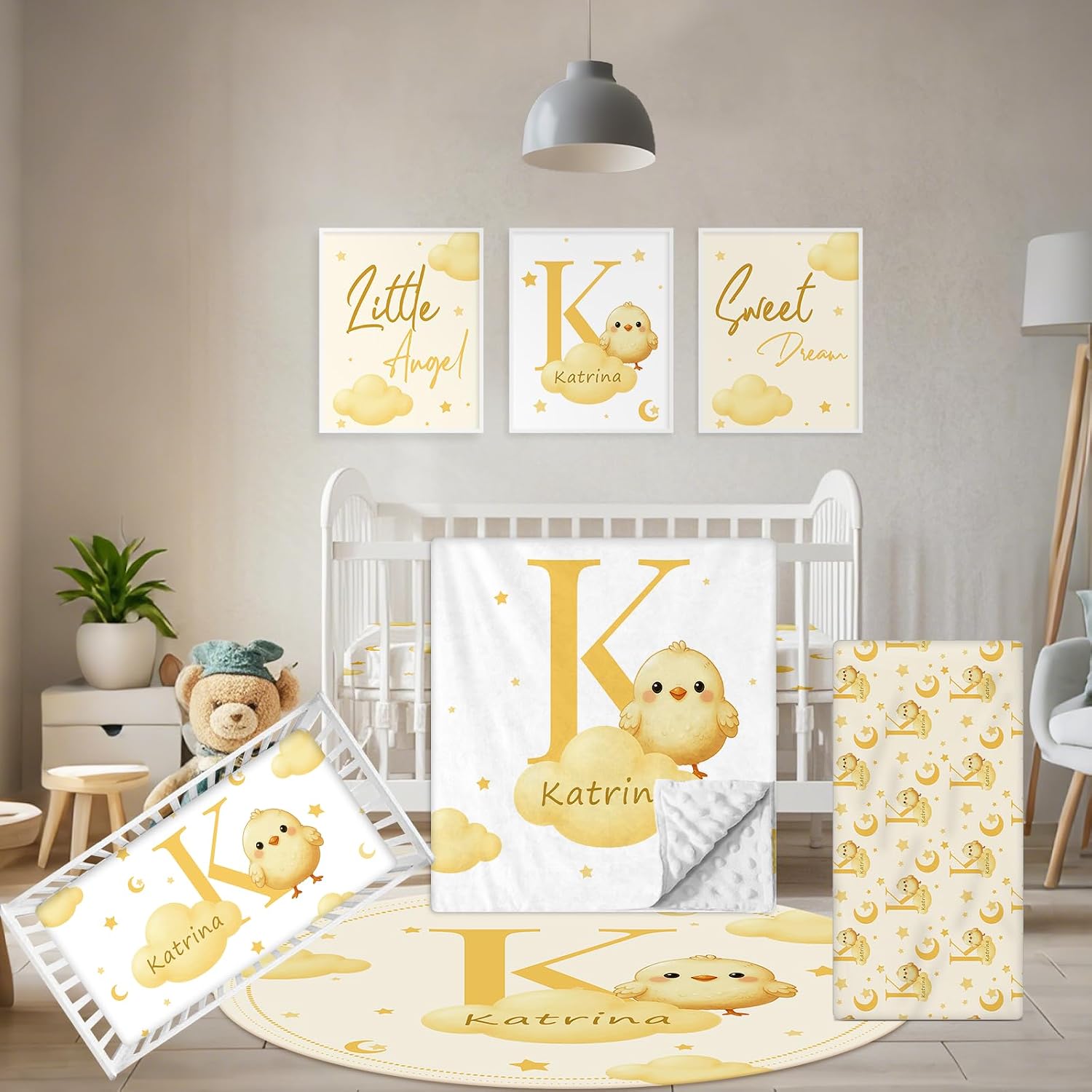 Terwex Personalized Crib Bedding Set, 5 Pcs Custom Nursery Bedding Sets with Name, Infant Bedding Set for Baby Girl Boy, Yellow Chick Double Layer Baby Crib Set, Toddlers Babies Kids Customized Gifts