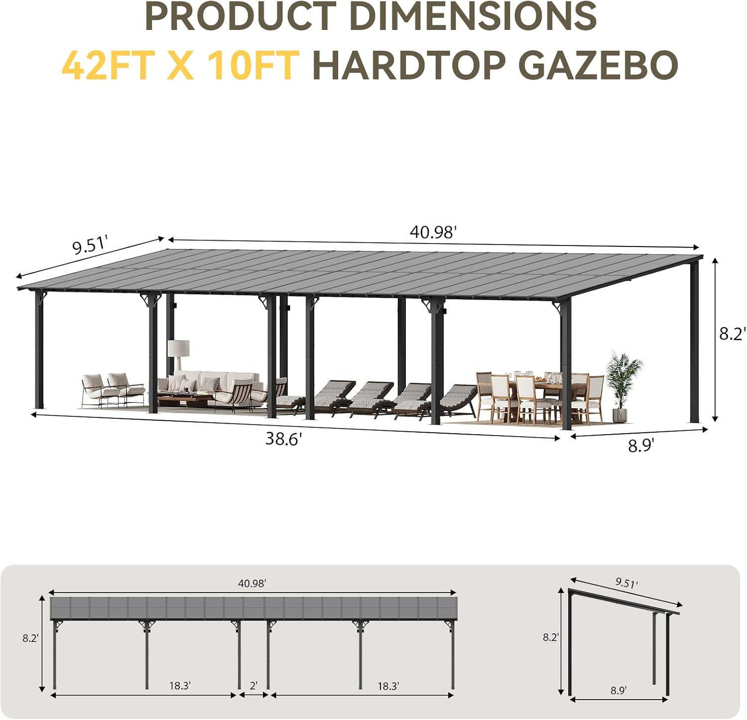 Aoxun 42' x 10' Pergola for Patio, Gazebo with Sloped Roof, Grill Pergola Large Wall-Mounted Heavy Duty Awnings, for Backyard, Deck, Patio