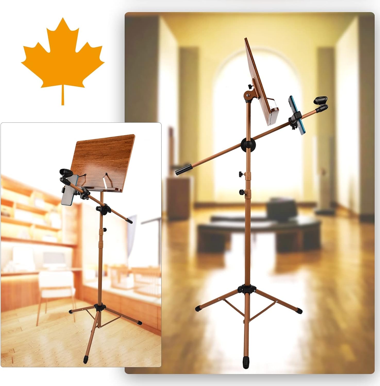 Two-in-one Dual-use Bamboo Book Stand, Music Stand With Phone Holder Microphone Holder, Violin Music Stand With Carrying Bag, Ideal As A Shelf For Picture Books Or Sheet Music (Wood 17cm*45cm*75cm)