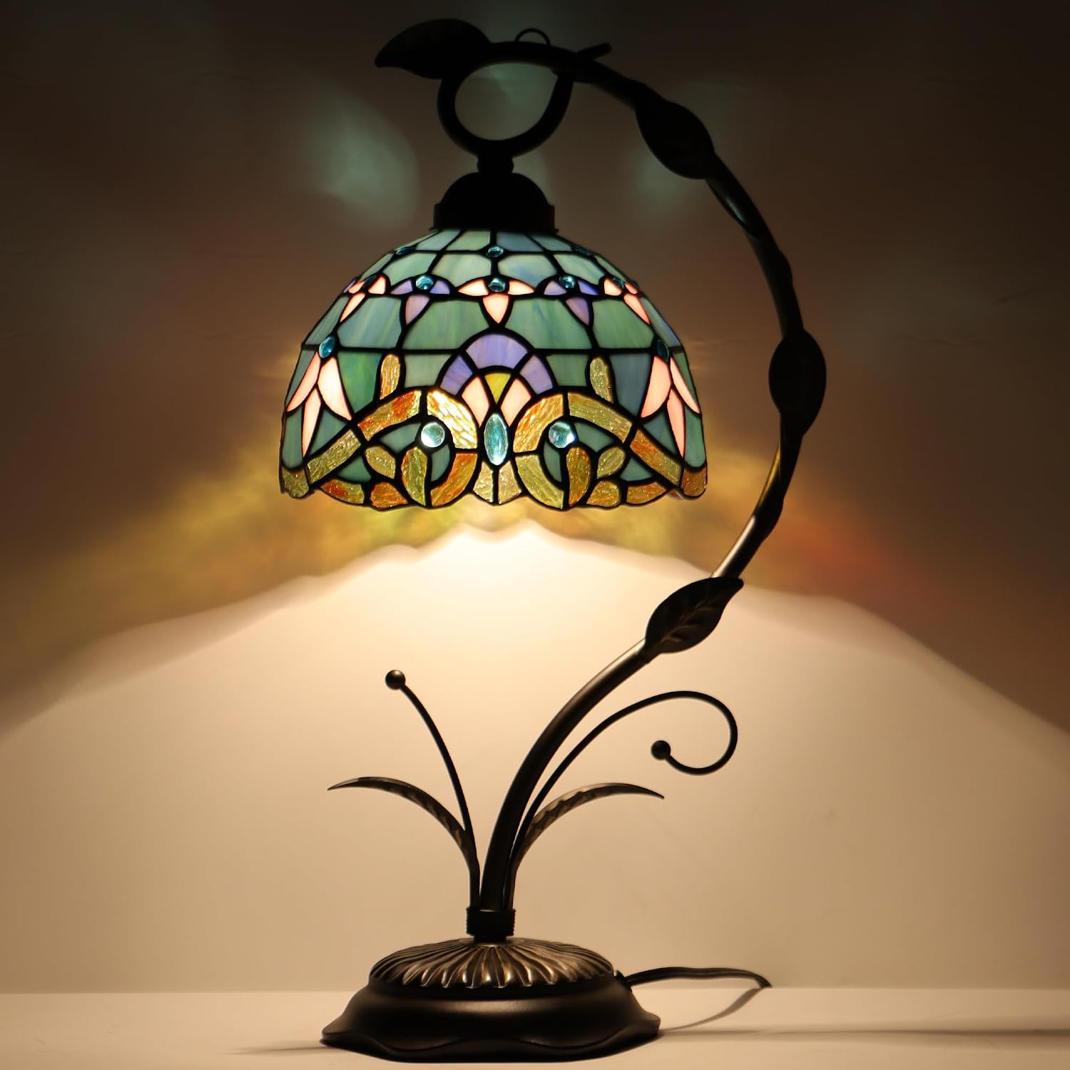 Tiffany Lamp Stained Glass Table Lamp Metal Leaf Base 8X10X19 Inch Reading Desk Light (Baroque Style)