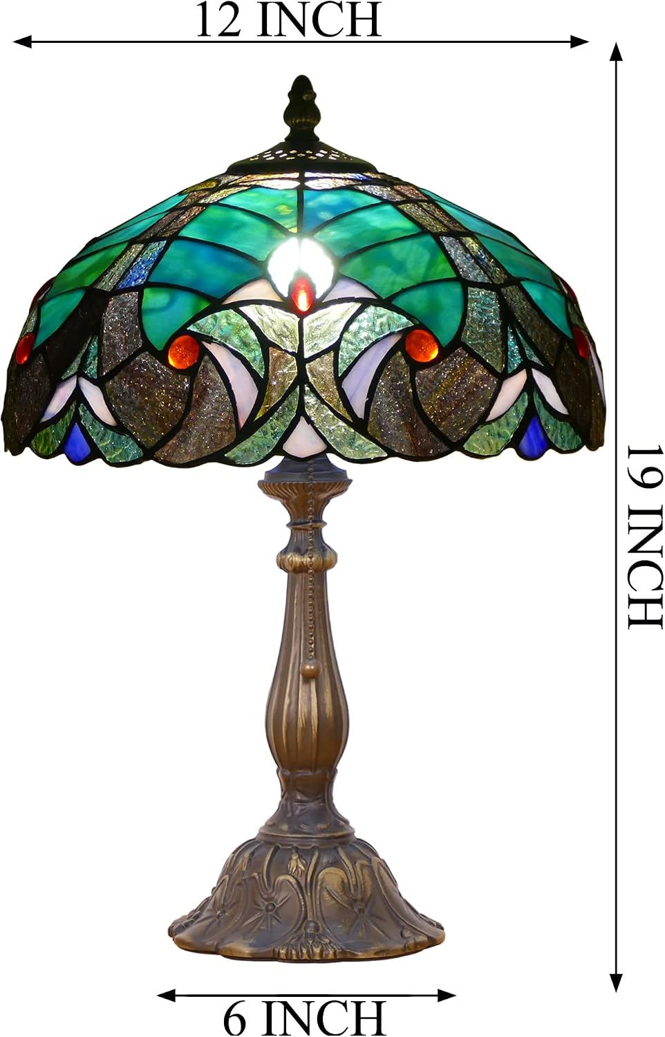 Tiffany Lamp Stained Glass Table Lamp Antique Bedside Reading Light W12H19 Inches (Green Liaison)