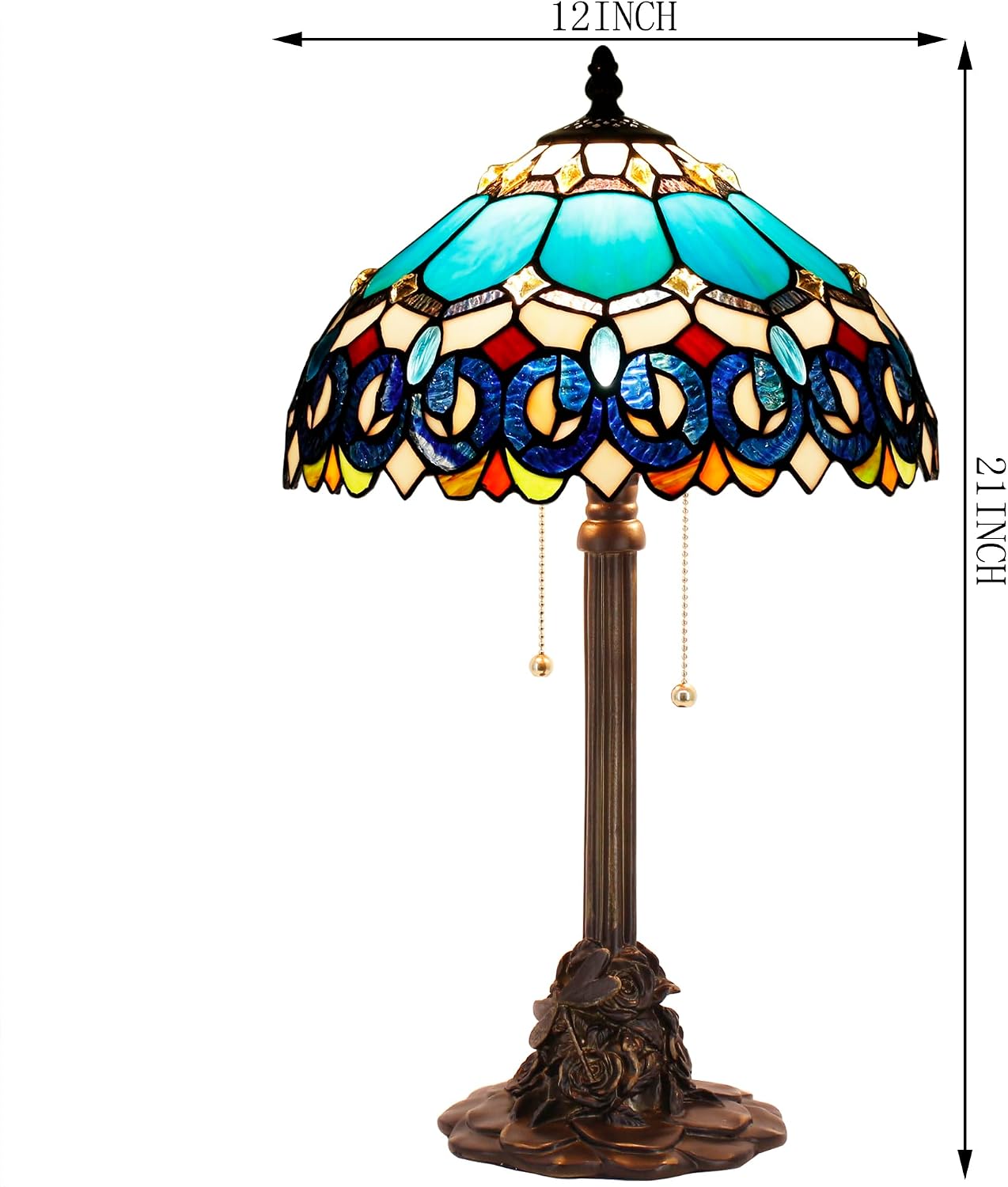 Table Lamp Stained Glass Desk Lamp 12X12X21Inch Resin Base for Bedroom Living Room Reading Light (Blue Jewelry Baroque)
