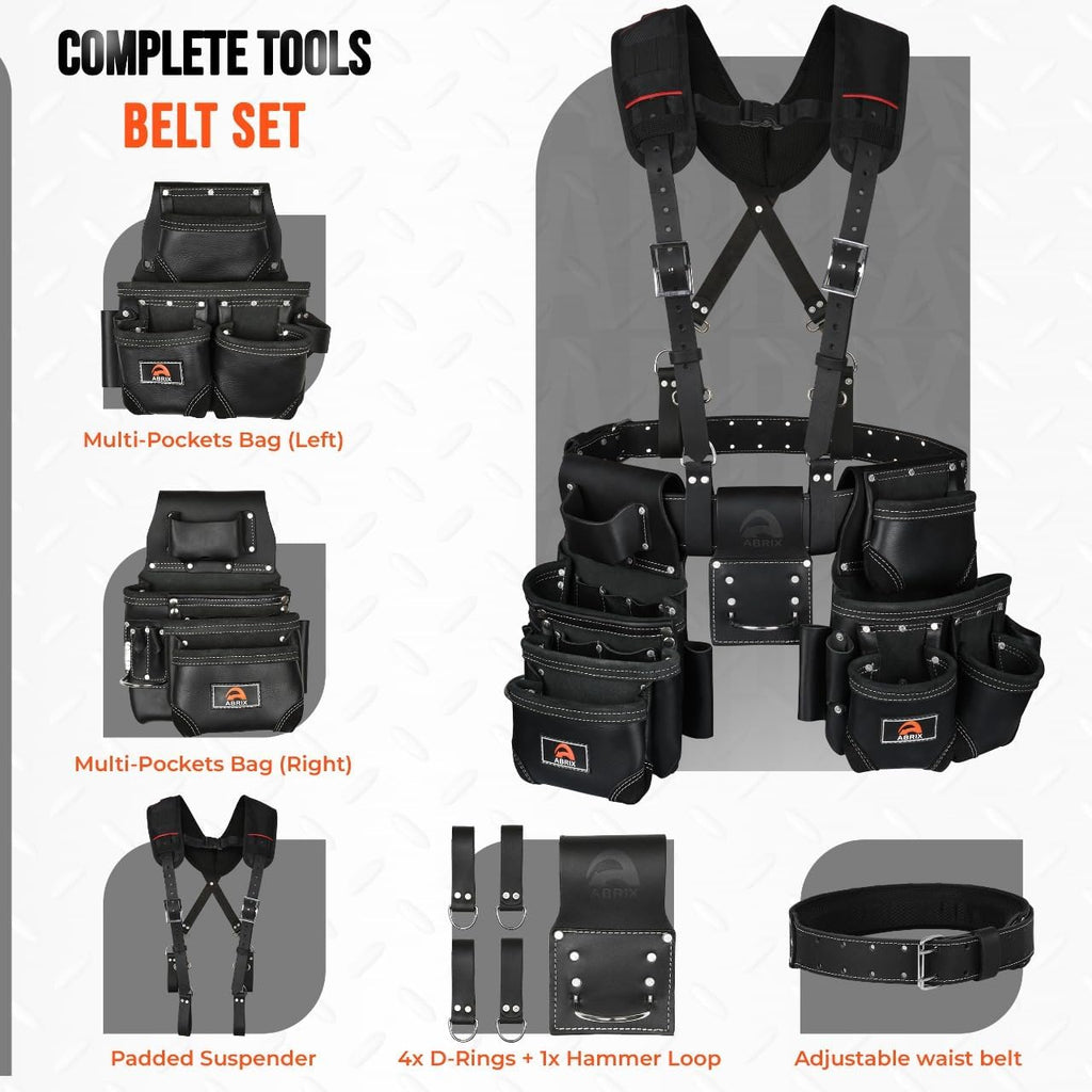 ABRIX Heavy Duty Tool Belt for Men – 4MM Thick Genuine Leather, Brass Buckle & Rivets | Foam Padded Comfort | 28-Pocket Carpenter & Framing Rig with Suspender | Work Belt Fit upto 32' to 52'