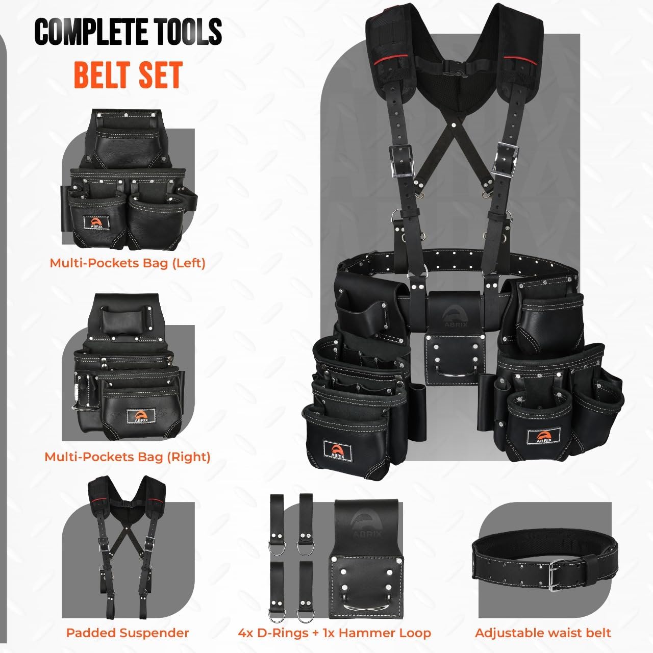 ABRIX Heavy Duty Tool Belt for Men – 4MM Thick Genuine Leather, Brass Buckle & Rivets | Foam Padded Comfort | 28-Pocket Carpenter & Framing Rig with Suspender | Work Belt Fit upto 32' to 52'