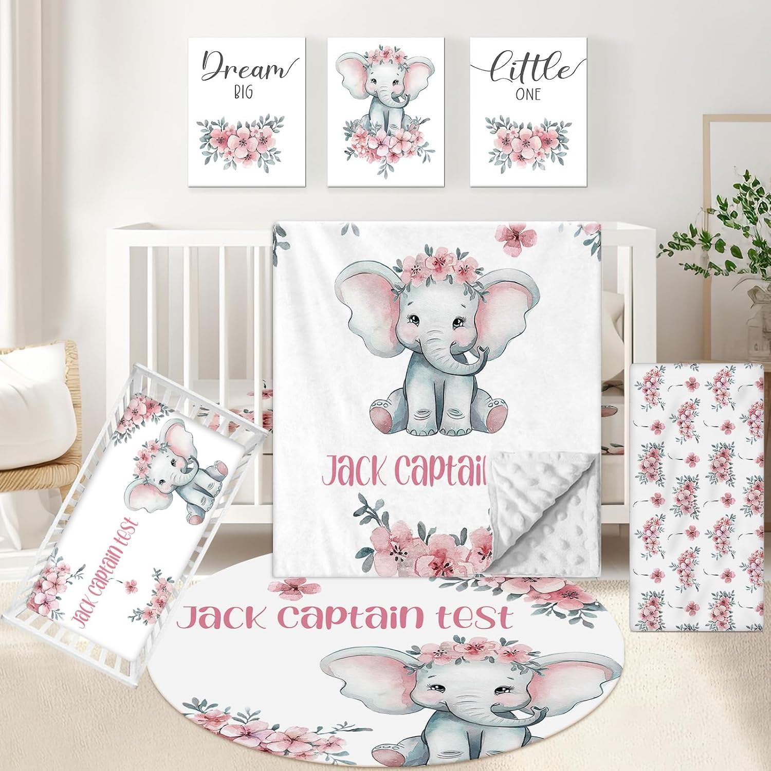 KAINSY Personalized Nursery Bedding Set, 5 Pcs Custom Crib Sets, Soft Baby Girl Set with Name, Double Layer Elephant Infant Bedding Set Customized Gifts for Toddlers