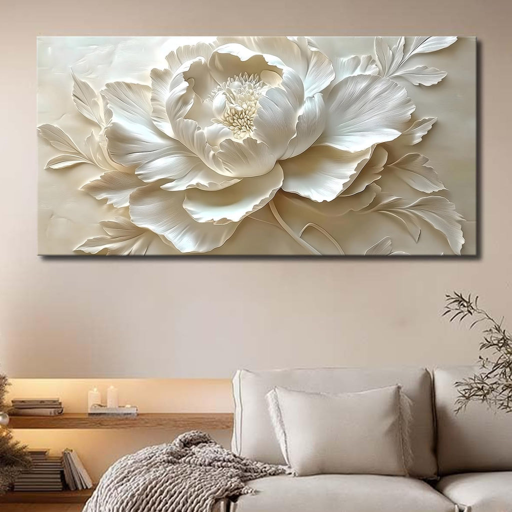 MooMel Large Framed Abstract White Flower Wall Art, Modern Canvas Wall Decor for Living Room Bedroom Dining Room Home Office, 29x58 Inch.