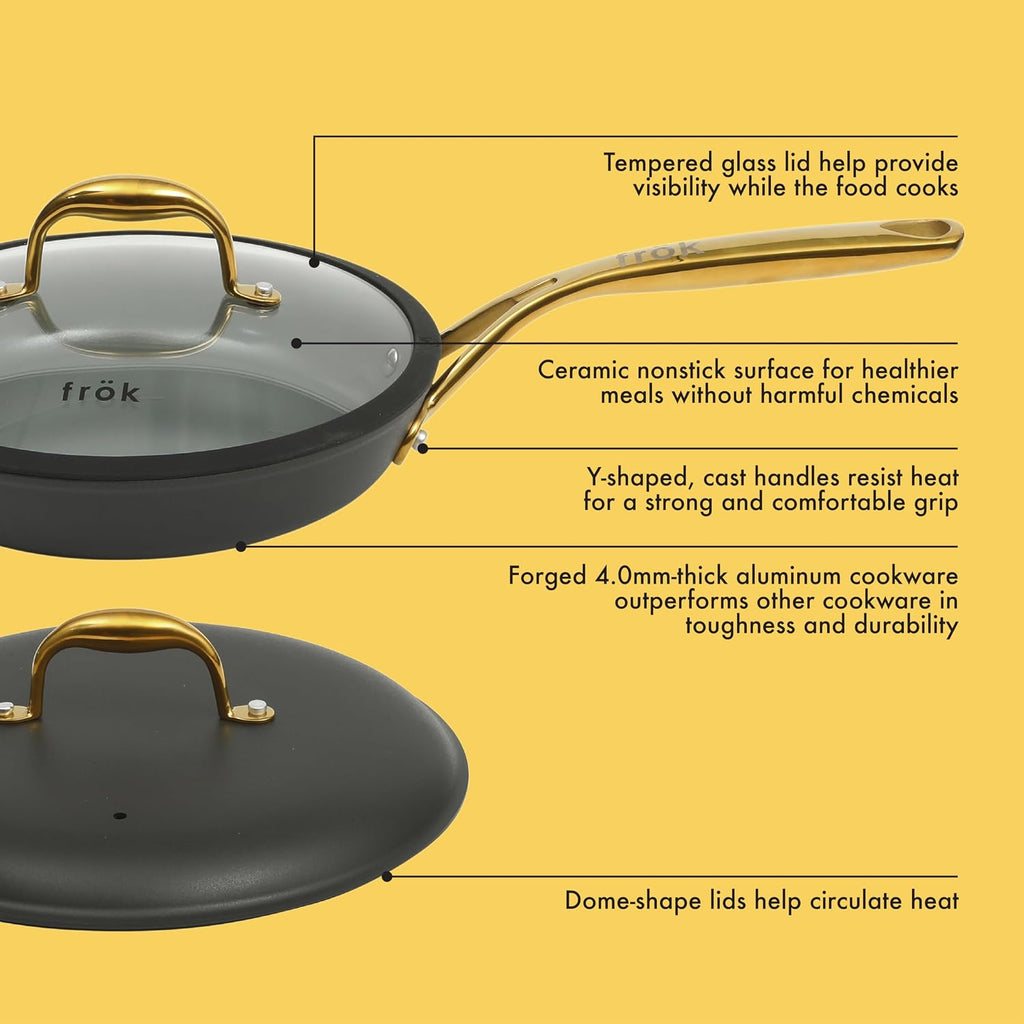 Frok 10 Piece Pots and Pans 4MM Thick Quick Heat Aluminum Cookware Set w/Premium PFA Free Ceramic Nonstick Interior Heat Resistant Exterior - Induction - Black & Gold