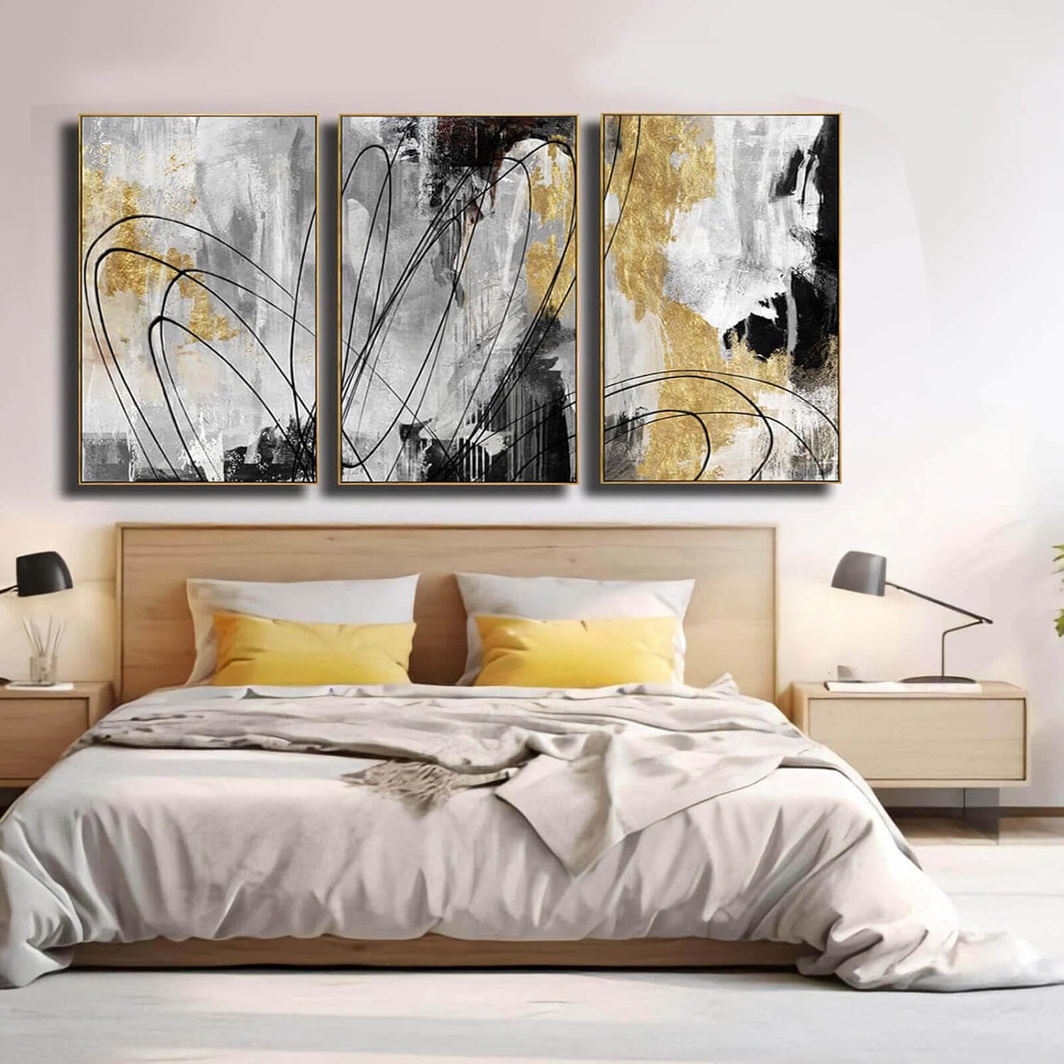 YJYart Gold Wall Art Abstract Wall Art Living Room Decor Black and White Canvas Picture Home Decor Wooden Frame Line Paintings Modern Artwork Office Decor 24'x 36'x 3 Pieces