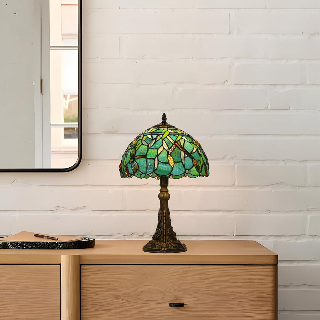 Skyblaze Tiffany Style Table Lamp, Stained Glass Desk Lamp, Vintage Dragonfly Night Light, 11.8 Inch Reading Light with Handmade Lampshade for Bedroom Living Room (Green)