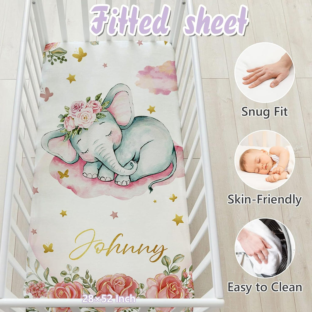 Personalized Baby Crib Bedding Set, 5 Pcs Custom Name Nursery Bedding Set for Girls Boys, Pink Elephant Baby Crib Set for Toddlers Infants, Double Layer Bedding Crib Sets Customized Gifts