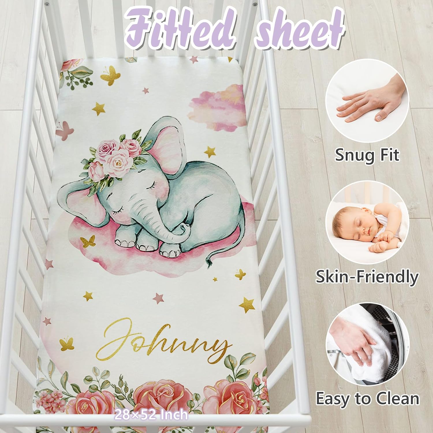 Personalized Baby Crib Bedding Set, 5 Pcs Custom Name Nursery Bedding Set for Girls Boys, Pink Elephant Baby Crib Set for Toddlers Infants, Double Layer Bedding Crib Sets Customized Gifts