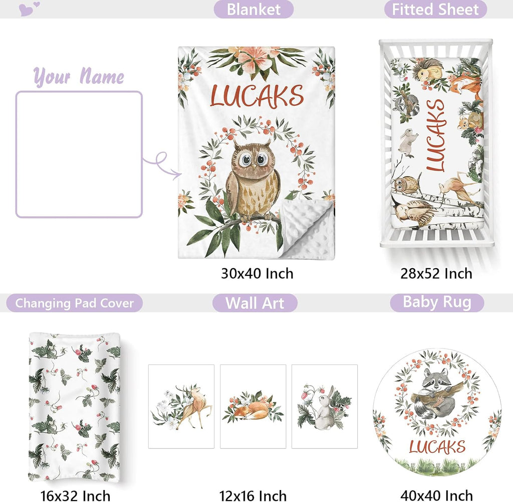 Custom Baby Crib Bedding Set, 5 PCS Personalized Name Baby Crib Sets for Girls Boys, Green Animals Theme Nursery Bedding Sets for Infant Toddler, Double Layer Flannel Bed Set Customized Gifts