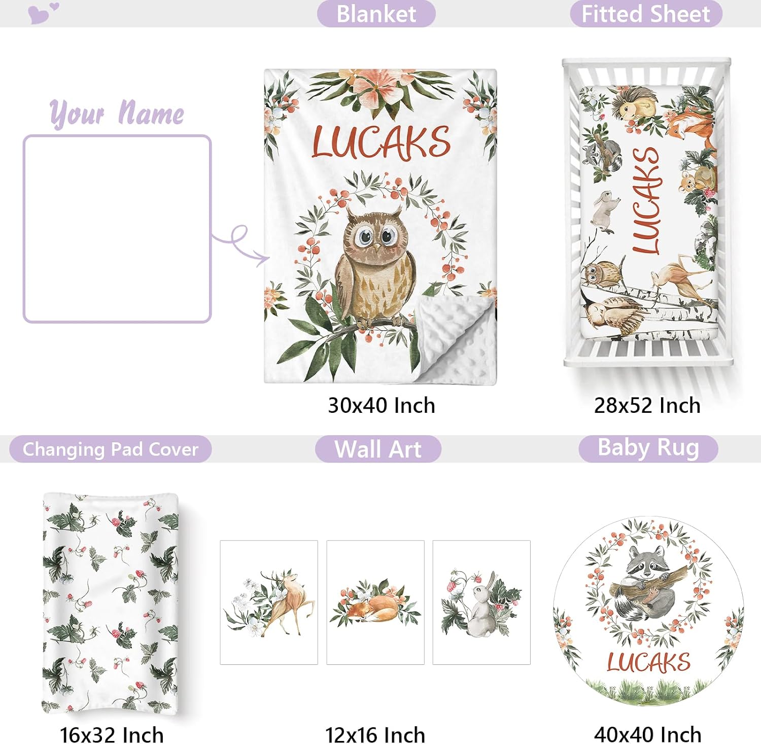 Custom Baby Crib Bedding Set, 5 PCS Personalized Name Baby Crib Sets for Girls Boys, Green Animals Theme Nursery Bedding Sets for Infant Toddler, Double Layer Flannel Bed Set Customized Gifts